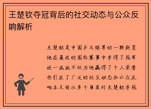 王楚钦夺冠背后的社交动态与公众反响解析